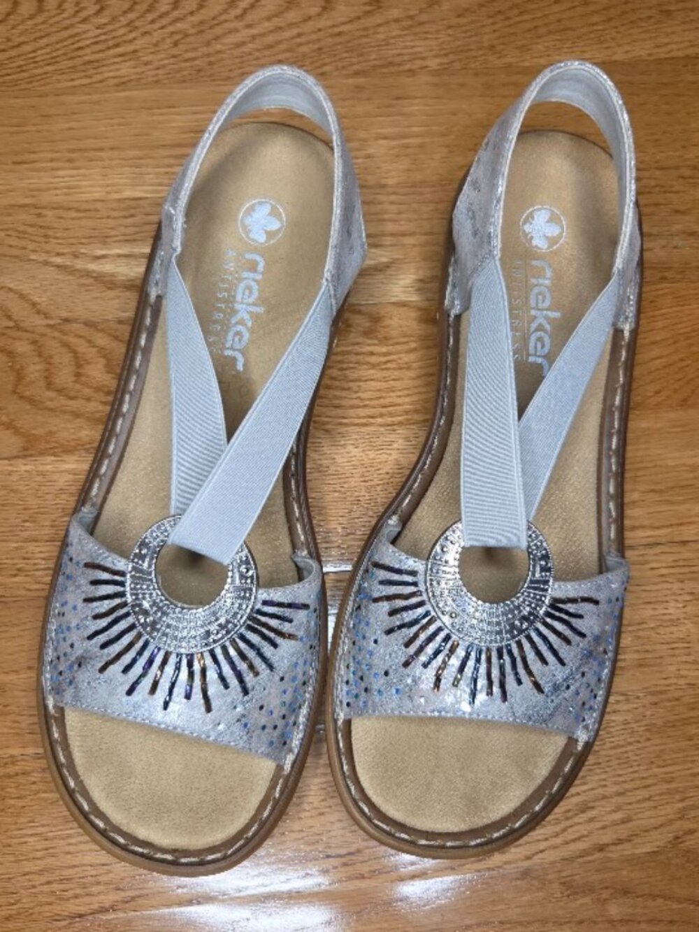 Rieker Regina Silver Glitz Strappy Wedge Sandals Size 42 US 10-10.5